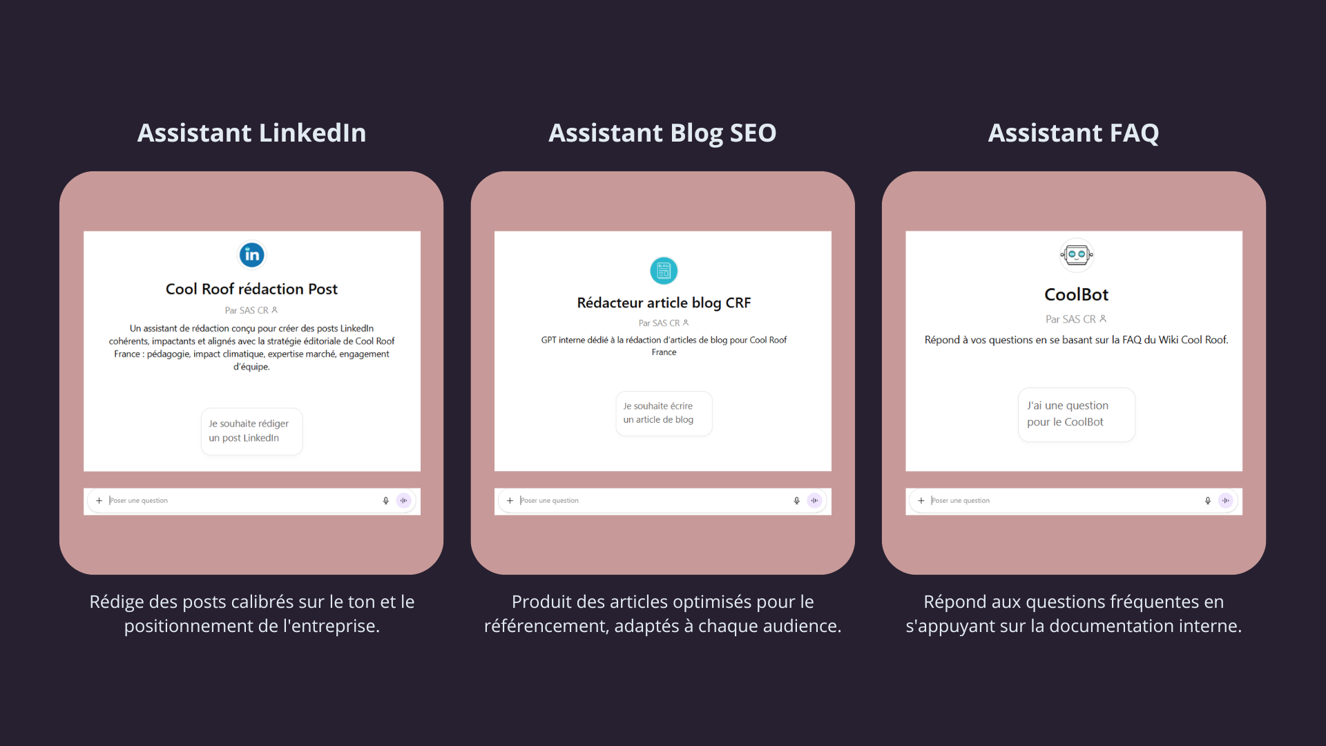 Les trois assistants GPT créés pour l'équipe communication : Assistant LinkedIn, Assistant Blog SEO, Assistant FAQ